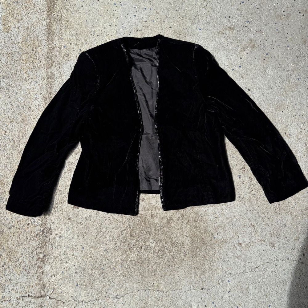 Lloyd Williams Petite Black Velvet Sequin Trim Collarless Blazer Made in USA 12P